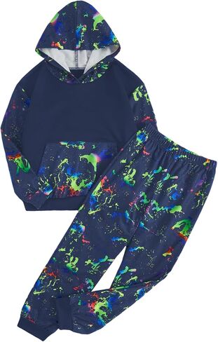 RoseSeek Boy's 2 Piece Reflective Splash Ink Print Long Sleeve Hoodie Sweatshirts and Sweatpants Set in Saudi Arabia
