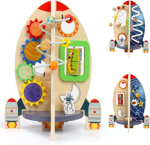 Wdmiya Space Wooden Activity Cube Toys for Baby, Montessori Toys for 1 Year Old Boy & Girl Birthday Gifts, Sensory and Educational 1st Birthday Gifts, Busy Board Toys for Baby Boy 6-18 Months (Rocket) in Kuwait