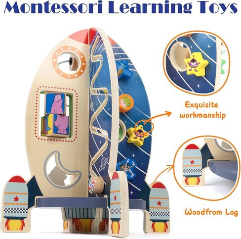 Wdmiya Space Wooden Activity Cube Toys for Baby, Montessori Toys for 1 Year Old Boy & Girl Birthday Gifts, Sensory and Educational 1st Birthday Gifts, Busy Board Toys for Baby Boy 6-18 Months (Rocket) in Kuwait