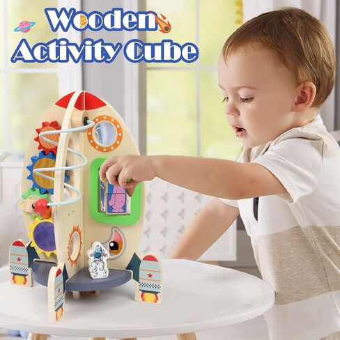 Wdmiya Space Wooden Activity Cube Toys for Baby, Montessori Toys for 1 Year Old Boy & Girl Birthday Gifts, Sensory and Educational 1st Birthday Gifts, Busy Board Toys for Baby Boy 6-18 Months (Rocket) in Kuwait
