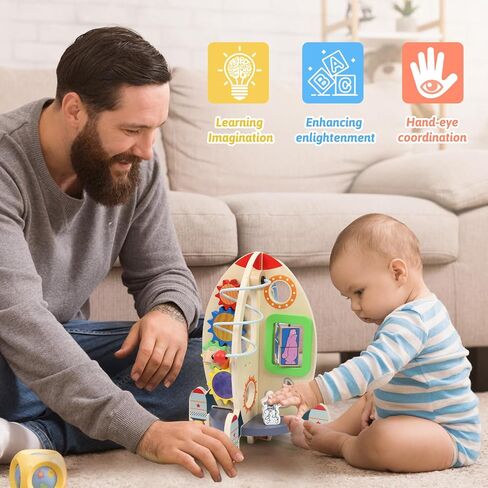 Wdmiya Space Wooden Activity Cube Toys for Baby, Montessori Toys for 1 Year Old Boy & Girl Birthday Gifts, Sensory and Educational 1st Birthday Gifts, Busy Board Toys for Baby Boy 6-18 Months (Rocket) in Kuwait