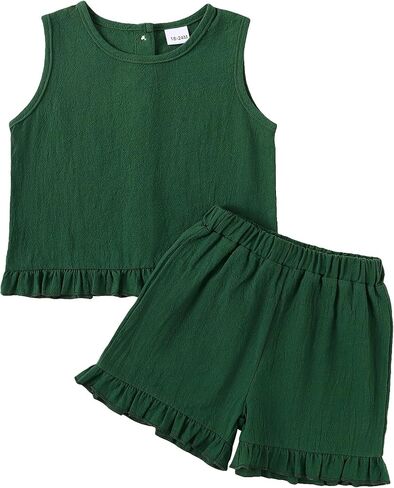 Little Girls Cotton Linen Outfits Set Summer Back Buttons Ruffle Tank Short Set in Saudi Arabia
