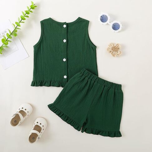 Little Girls Cotton Linen Outfits Set Summer Back Buttons Ruffle Tank Short Set in Saudi Arabia