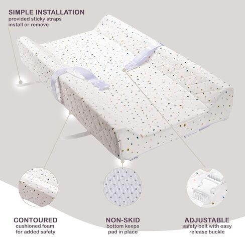 Organic Cotton Contoured Baby Changing Pad w/Waterproof Foam Mattress, Includes Soft, Removable & Washable Cover, Safety Strap, Non-Slip Bottom, Topper for Standard Size Infant Diaper Table & Dresser in Saudi Arabia