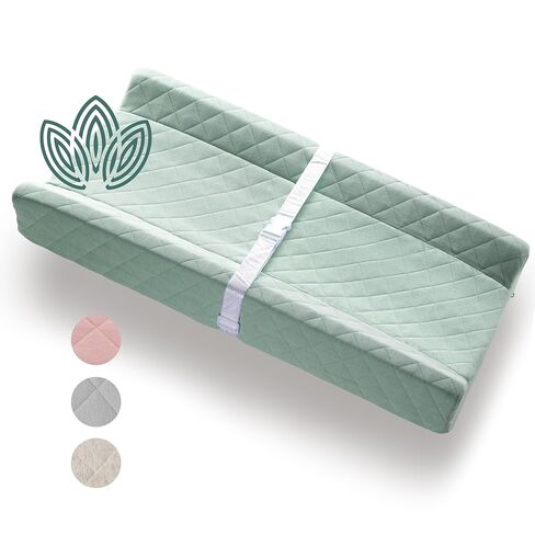 Organic Cotton Contoured Baby Changing Pad w/Waterproof Foam Mattress, Includes Soft, Removable & Washable Cover, Safety Strap, Non-Slip Bottom, Topper for Standard Size Infant Diaper Table & Dresser in Saudi Arabia