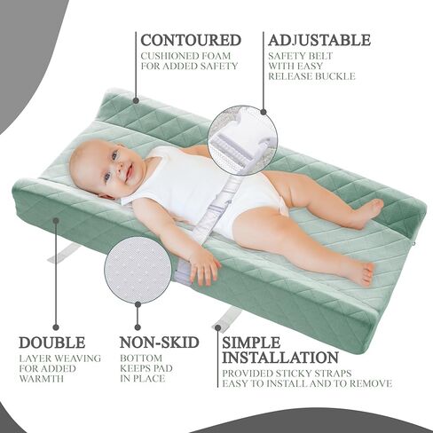 Organic Cotton Contoured Baby Changing Pad w/Waterproof Foam Mattress, Includes Soft, Removable & Washable Cover, Safety Strap, Non-Slip Bottom, Topper for Standard Size Infant Diaper Table & Dresser in Saudi Arabia