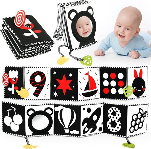 Buauty Baby Tummy Time Mirror, Newborn Infant Toys 0 3 6 12 Months with Sensory High Contrast Crinkle Books and Teethers, Baby Tummy Time Sensory Toys for 0-6 Months Old Boy Brain Development in Saudi Arabia