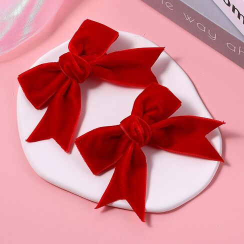 Red Velvet Ribbon Bow Hair Clip 3in Valentines Handmade Cute Alligator Barrettes Bowknot Hair Accessory Small for Little Teen Toddler Baby Girls Kids New Year Xmas Gift in Kuwait