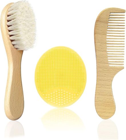 Baby Hair Brush with Wooden Handle and Comb Set for Newborns & Toddlers | Natural Soft Goat Bristles l Wood Comb l Blue Cradle Cap Brush| Ideal for Cradle Cap (3 Piece) in Saudi Arabia