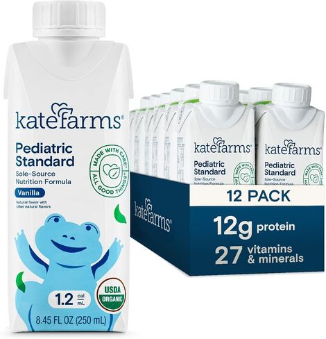 KATE FARMS عضوي للأطفال 1.2 مخفوق تغذية الفانيليا من مصدر وحيد، 12 جرام بروتين، 27 فيتامين ومعادن، بديل للوجبات عالية السعرات الحرارية، خالي من الغلوتين، 8.45 أونصة (12 عبوة) in Kuwait