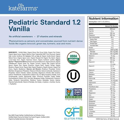 KATE FARMS عضوي للأطفال 1.2 مخفوق تغذية الفانيليا من مصدر وحيد، 12 جرام بروتين، 27 فيتامين ومعادن، بديل للوجبات عالية السعرات الحرارية، خالي من الغلوتين، 8.45 أونصة (12 عبوة) in Kuwait