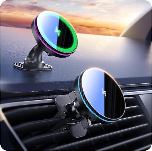 Beser لشاحن MagSafe Car Mount Charger، (4.13 lbf) مغناطيسي كبير، شاحن لاسلكي Qi بقدرة 15 وات للسيارة، فتحة تهوية/لوحة القيادة، حامل هاتف لسلسلة iPhone 16/15/14/13/12، 7 أضواء ملونة، ألومنيوم، رمادي فلكي in Kuwait
