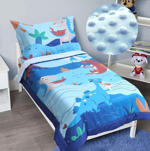 ACRABROS Toddler Bedding Set-4 Pieces Toddler Bedding Sets for Girls Boys Includes Comforter Fitted Sheet Flat Sheet and Reversible Pillowcase,Ultra Soft Toddler Bed Set,Blue Dinosaur in Saudi Arabia