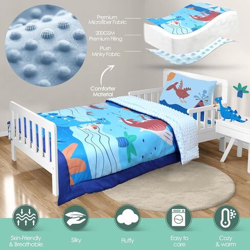 ACRABROS Toddler Bedding Set-4 Pieces Toddler Bedding Sets for Girls Boys Includes Comforter Fitted Sheet Flat Sheet and Reversible Pillowcase,Ultra Soft Toddler Bed Set,Blue Dinosaur in Saudi Arabia