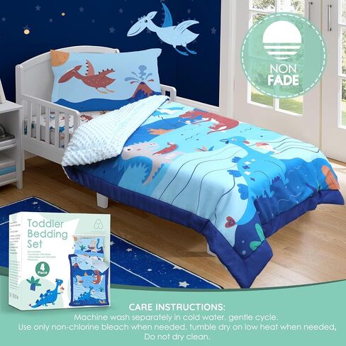 ACRABROS Toddler Bedding Set-4 Pieces Toddler Bedding Sets for Girls Boys Includes Comforter Fitted Sheet Flat Sheet and Reversible Pillowcase,Ultra Soft Toddler Bed Set,Blue Dinosaur in Saudi Arabia