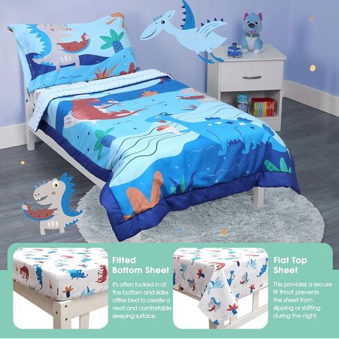ACRABROS Toddler Bedding Set-4 Pieces Toddler Bedding Sets for Girls Boys Includes Comforter Fitted Sheet Flat Sheet and Reversible Pillowcase,Ultra Soft Toddler Bed Set,Blue Dinosaur in Saudi Arabia