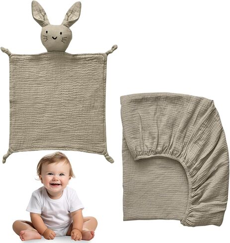 100% Cotton Muslin Crib Bedding Set – Beige Fitted Crib Sheet & Security Baby Blanket | Newborn Essentials, Baby Bed, Baby Boy/Baby Girl Toys, Toddler Essentials, Baby Registry in Saudi Arabia