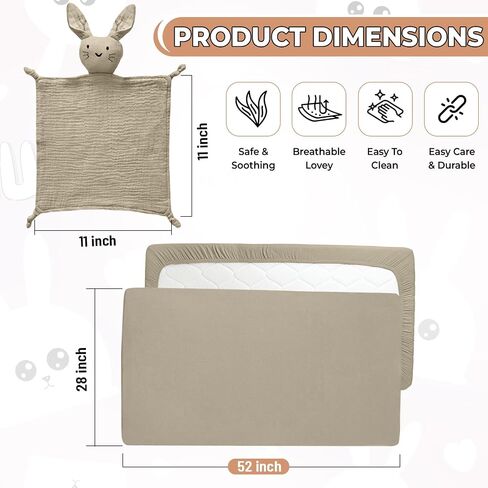 100% Cotton Muslin Crib Bedding Set – Beige Fitted Crib Sheet & Security Baby Blanket | Newborn Essentials, Baby Bed, Baby Boy/Baby Girl Toys, Toddler Essentials, Baby Registry in Saudi Arabia