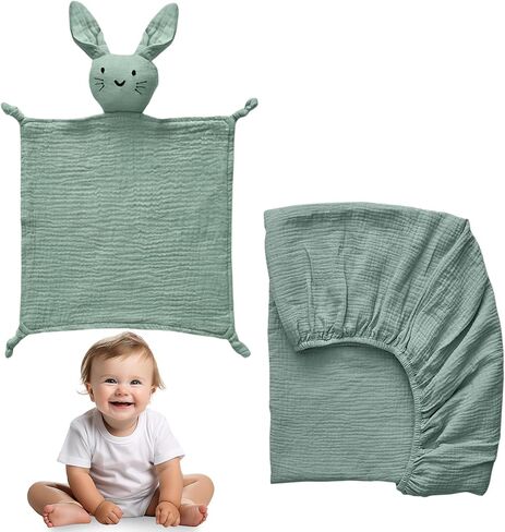 100% Cotton Muslin Crib Bedding Set – Beige Fitted Crib Sheet & Security Baby Blanket | Newborn Essentials, Baby Bed, Baby Boy/Baby Girl Toys, Toddler Essentials, Baby Registry in Saudi Arabia