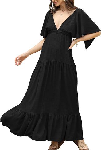Summer Dresses for Women 2024 Sexy V-Neck Maxi Dress Tiered Silhouette with Flutter Sleeves Backless Flowy Dress in Kuwait