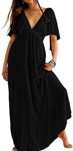 Summer Dresses for Women 2024 Sexy V-Neck Maxi Dress Tiered Silhouette with Flutter Sleeves Backless Flowy Dress in Kuwait