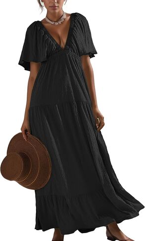 Summer Dresses for Women 2024 Sexy V-Neck Maxi Dress Tiered Silhouette with Flutter Sleeves Backless Flowy Dress in Kuwait