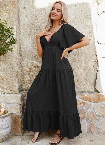 Summer Dresses for Women 2024 Sexy V-Neck Maxi Dress Tiered Silhouette with Flutter Sleeves Backless Flowy Dress in Kuwait