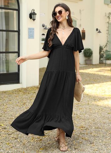 Summer Dresses for Women 2024 Sexy V-Neck Maxi Dress Tiered Silhouette with Flutter Sleeves Backless Flowy Dress in Kuwait