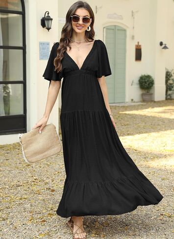 Summer Dresses for Women 2024 Sexy V-Neck Maxi Dress Tiered Silhouette with Flutter Sleeves Backless Flowy Dress in Kuwait