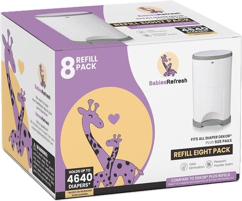 Refills Compatible with DEKOR PLUS Diaper Pail Refills | 4 Pack | Diaper Pail Odor Eliminator| Fresh Powder Scent | Each Diaper Bag Refill Holds up to 2320 Diapers | Diaper bin refill in Kuwait