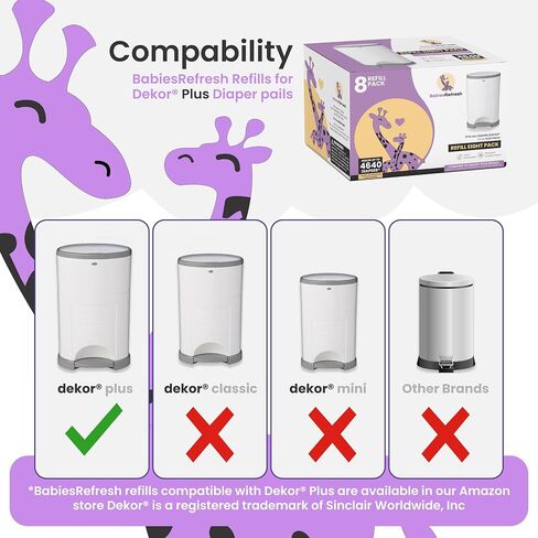 Refills Compatible with DEKOR PLUS Diaper Pail Refills | 4 Pack | Diaper Pail Odor Eliminator| Fresh Powder Scent | Each Diaper Bag Refill Holds up to 2320 Diapers | Diaper bin refill in Kuwait