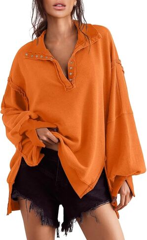 بلوزات كبيرة الحجم للنساء بأزرار سفلية وأكمام طويلة بلوفر هينلي تونيك علوي S-2xl in Saudi Arabia