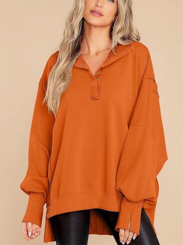 بلوزات كبيرة الحجم للنساء بأزرار سفلية وأكمام طويلة بلوفر هينلي تونيك علوي S-2xl in Saudi Arabia