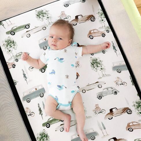 GRSSDER Pack n Play Sheets Fitted 3 Pack، حزمة متماسكة من الجيرسي فائقة النعومة وقابلة للتمدد وملاءات اللعب، مرتبة عالمية محمولة / صغيرة لسرير الأطفال مريحة وآمنة، نمط محايد لطباعة السيارات in Kuwait