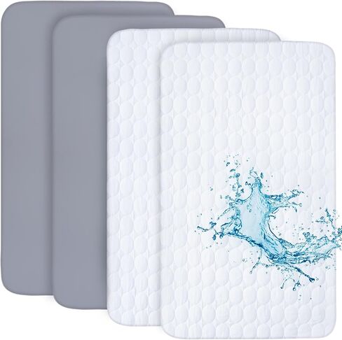 Pack and Play Sheets & Mattress Protector Set, 4-Pack, Grey & Navy | 4-Piece Set: 2 Waterproof Quilted Covers + 2 Soft Sheets, Fits 39"x27" Playards, Machine Washable in Saudi Arabia