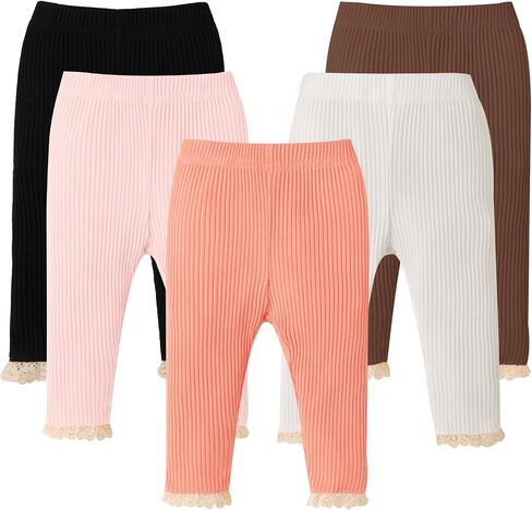 DREAM BUS 5 Pack Baby Girl Pants Toddler Girl Solid Ribbed Pants with Lace Trim Newborn Cotton Leggings Infant Jogger Pants in Saudi Arabia