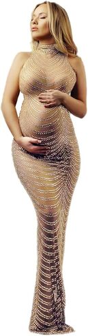 فساتين تصوير الأمومة للنساء ثوب حفلة مثير لامعة آلهة حجر الراين فستان قابل للتمدد ذهبي مقاس كبير in Kuwait
