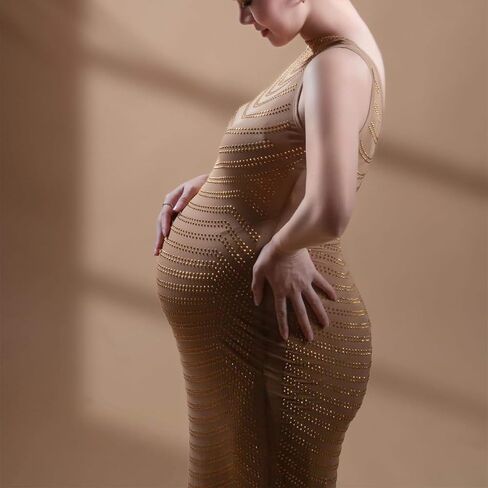 فساتين تصوير الأمومة للنساء ثوب حفلة مثير لامعة آلهة حجر الراين فستان قابل للتمدد ذهبي مقاس كبير in Kuwait