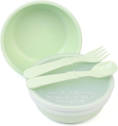 Re-Play - Made in USA - 5 Piece Toddler Feeding Set of 2 Wide Base Bowls, Silicone Storage Lid, Utensils - BPA Free - Made from Environmentally Friendly Recycled Milk Jugs - Leaf in Saudi Arabia