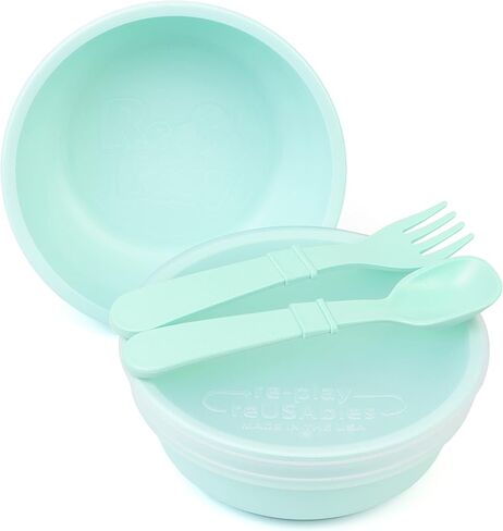 Re-Play - Made in USA - 5 Piece Toddler Feeding Set of 2 Wide Base Bowls, Silicone Storage Lid, Utensils - BPA Free - Made from Environmentally Friendly Recycled Milk Jugs - Leaf in Saudi Arabia