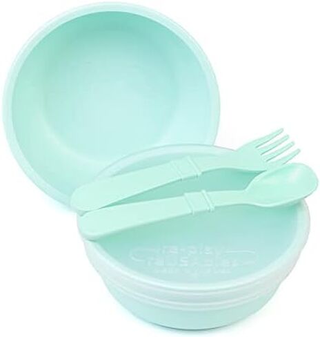 Re-Play - Made in USA - 5 Piece Toddler Feeding Set of 2 Wide Base Bowls, Silicone Storage Lid, Utensils - BPA Free - Made from Environmentally Friendly Recycled Milk Jugs - Leaf in Saudi Arabia