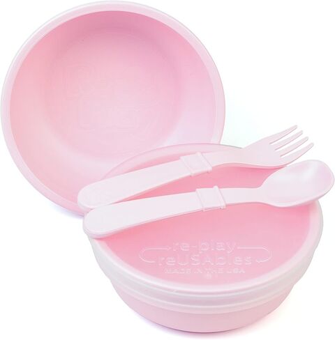 Re-Play - Made in USA - 5 Piece Toddler Feeding Set of 2 Wide Base Bowls, Silicone Storage Lid, Utensils - BPA Free - Made from Environmentally Friendly Recycled Milk Jugs - Leaf in Saudi Arabia