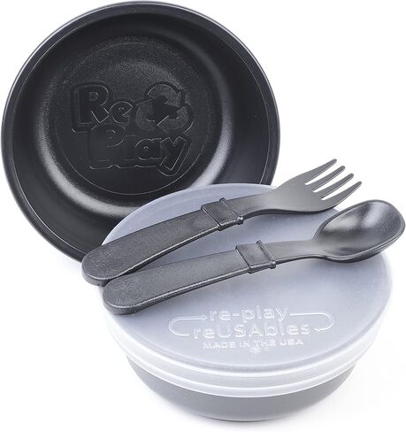 Re-Play - Made in USA - 5 Piece Toddler Feeding Set of 2 Wide Base Bowls, Silicone Storage Lid, Utensils - BPA Free - Made from Environmentally Friendly Recycled Milk Jugs - Leaf in Saudi Arabia
