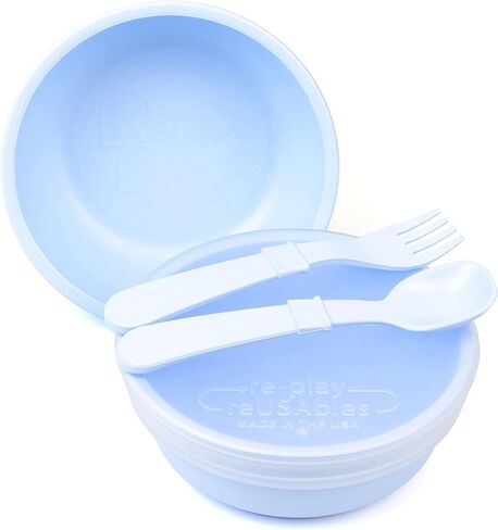 Re-Play - Made in USA - 5 Piece Toddler Feeding Set of 2 Wide Base Bowls, Silicone Storage Lid, Utensils - BPA Free - Made from Environmentally Friendly Recycled Milk Jugs - Leaf in Saudi Arabia