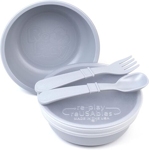Re-Play - Made in USA - 5 Piece Toddler Feeding Set of 2 Wide Base Bowls, Silicone Storage Lid, Utensils - BPA Free - Made from Environmentally Friendly Recycled Milk Jugs - Leaf in Saudi Arabia