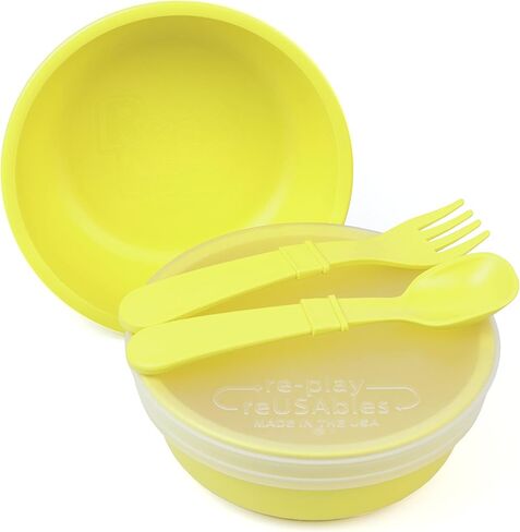Re-Play - Made in USA - 5 Piece Toddler Feeding Set of 2 Wide Base Bowls, Silicone Storage Lid, Utensils - BPA Free - Made from Environmentally Friendly Recycled Milk Jugs - Leaf in Saudi Arabia