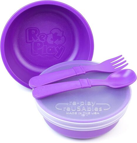 Re-Play - Made in USA - 5 Piece Toddler Feeding Set of 2 Wide Base Bowls, Silicone Storage Lid, Utensils - BPA Free - Made from Environmentally Friendly Recycled Milk Jugs - Leaf in Saudi Arabia