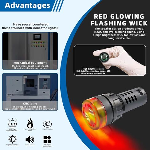 Indicator Light 24V Buzzer，10PCS 22mm Red LDE Flashing Buzzer AC/DC 24V Alarm for Electrical Control Panel in Saudi Arabia