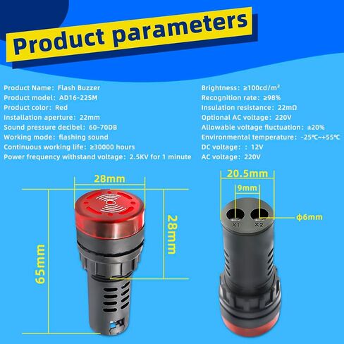 Indicator Light 24V Buzzer，10PCS 22mm Red LDE Flashing Buzzer AC/DC 24V Alarm for Electrical Control Panel in Saudi Arabia