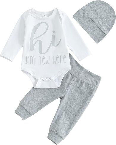 Newborn Baby Girl Boy Clothes Im New Here Infant Romper Top Pants Beanie Hat Set Baby Coming Home Outfit in Saudi Arabia